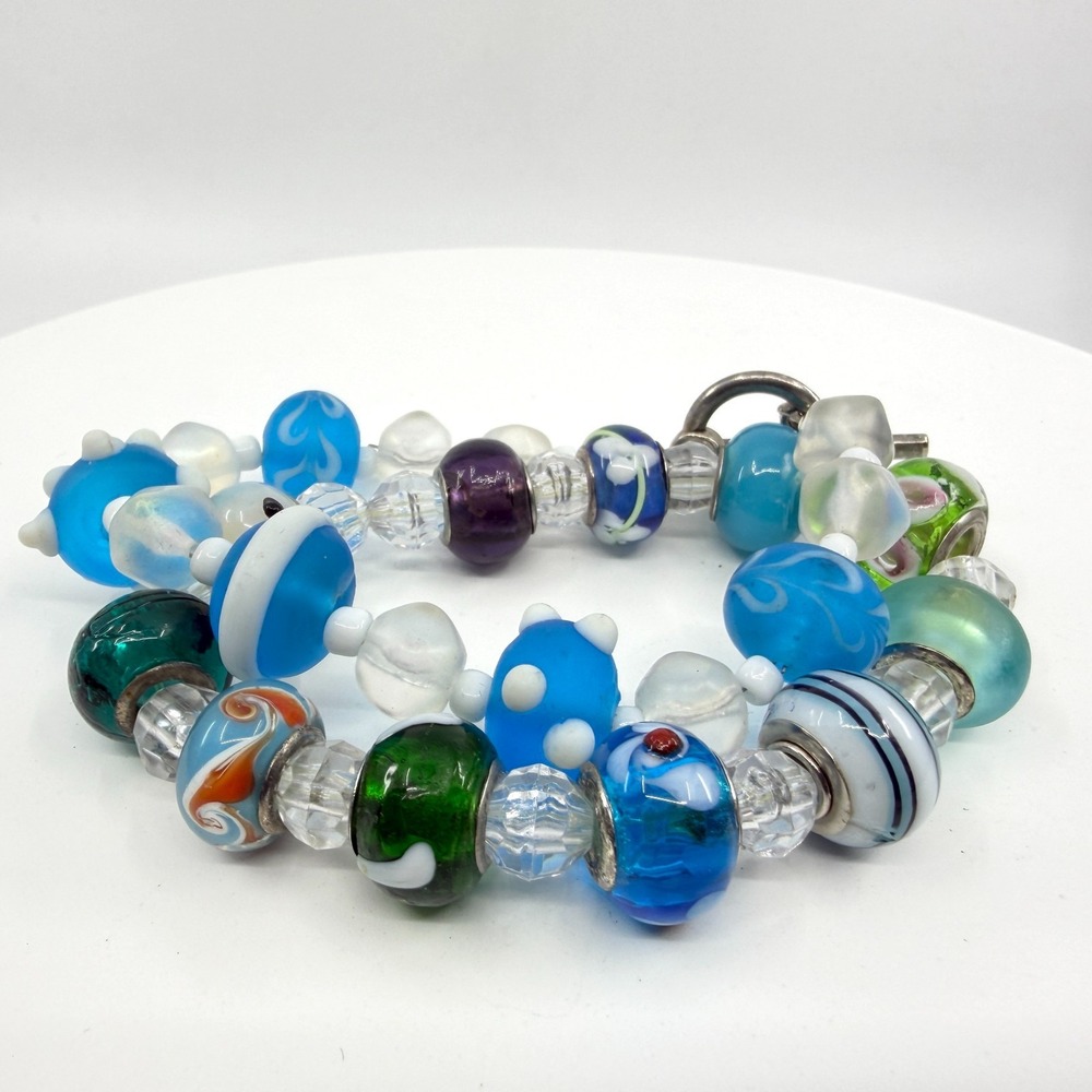 Artisan Multi-Color Art Glass Bead Toggle Bracelet Set 2 Pc Statement Chunky